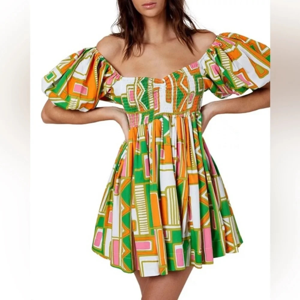 S/W/F SWF Puff Sleeve Babydoll Dress green white orange 22345